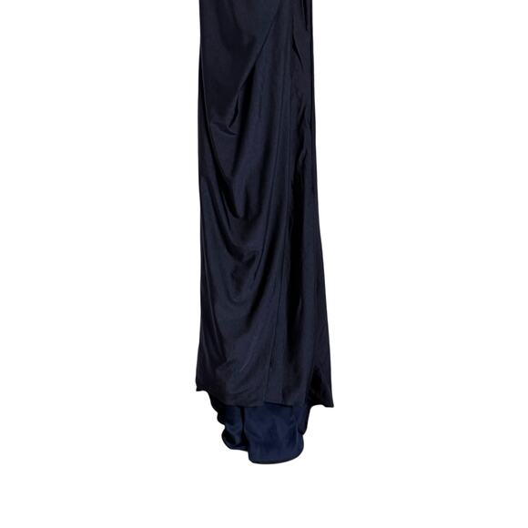 La Femme Navy Ruched Jersey V-Neck Slit Formal Gown Dress Tie Up Back Size 0 - Picture 5 of 9